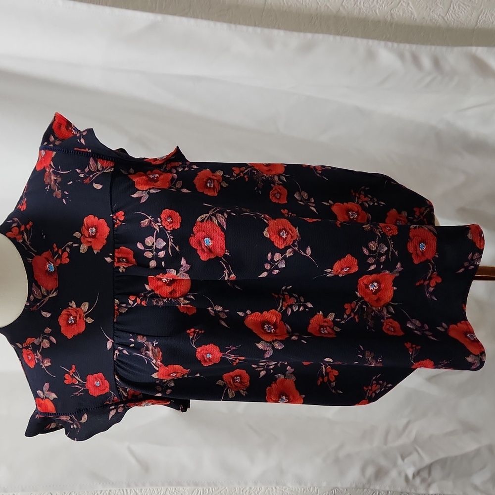 Black With Red camillias Floral Ruffle Top
